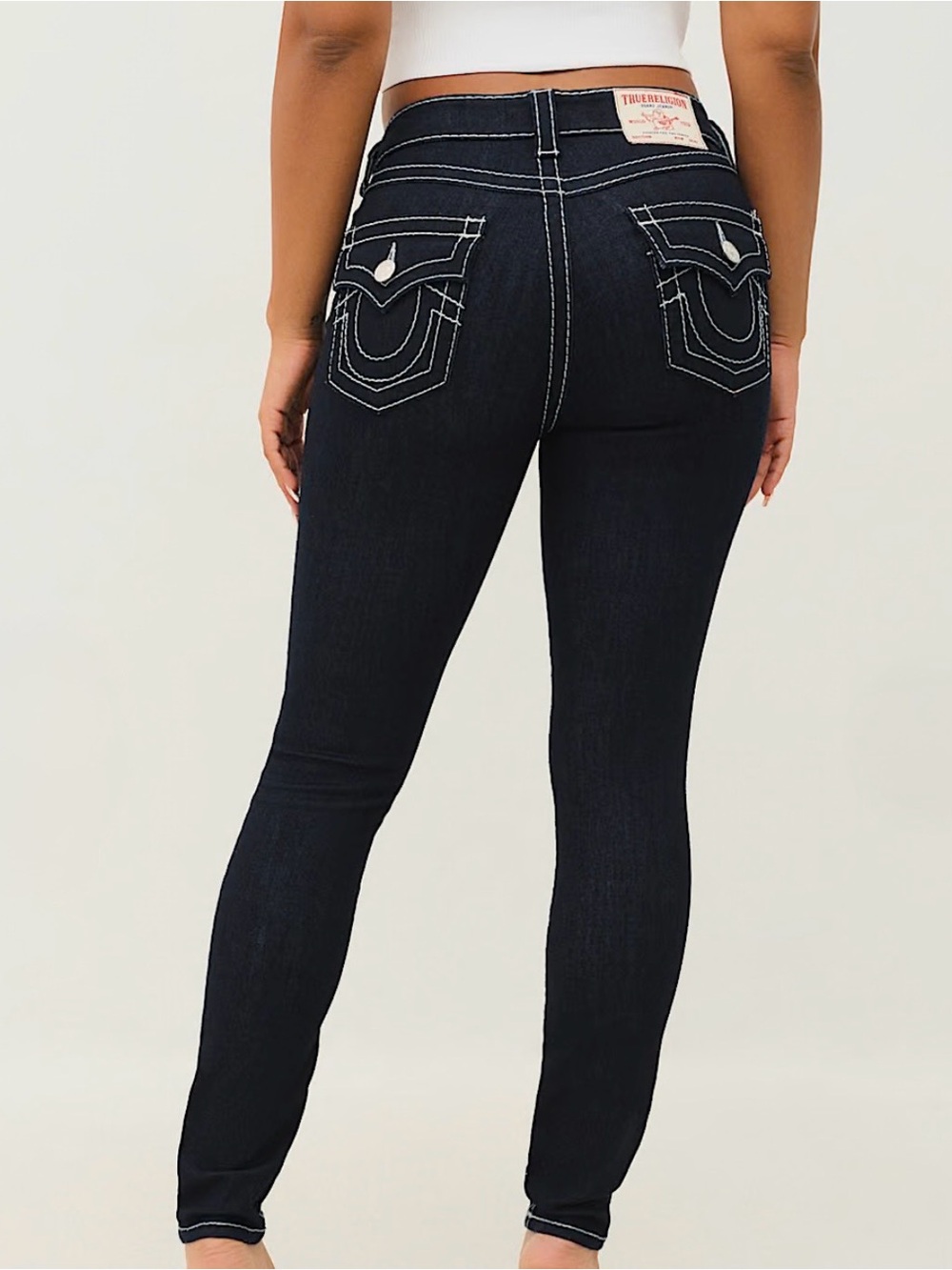 NWT True Religion Jennie Curvy Mid Rise Skinny Jean Contrast Stitch Dark Denim